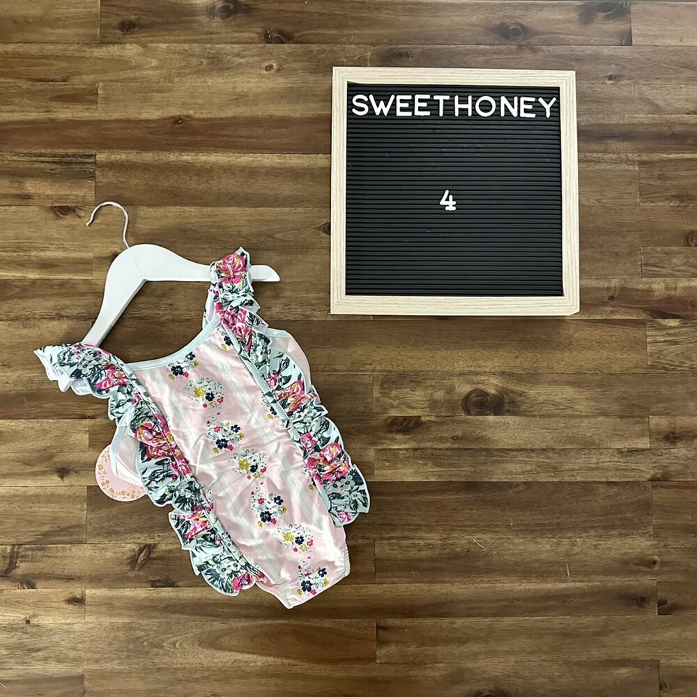 NWT SweetHoney Mary One Piece Swimsuit Regal Roses Pink Ruffle Floral Green 4T